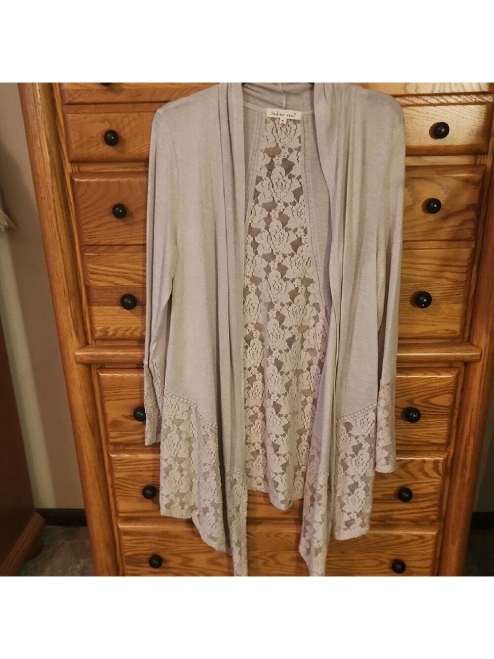 Indigo Soul Soft Taupe Medium Lace Flowy Bohemian Casual Openfront Cardigan